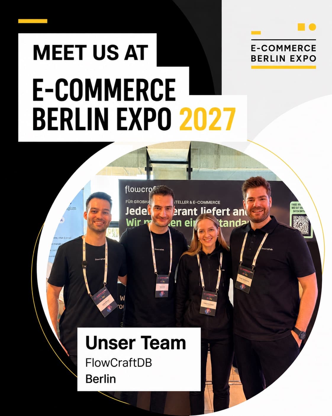 Ankündigung der E-commerce Berlin Expo 2027: das FlowCraftDB-Team am Messestand vor dem FlowCraftDB-Banner