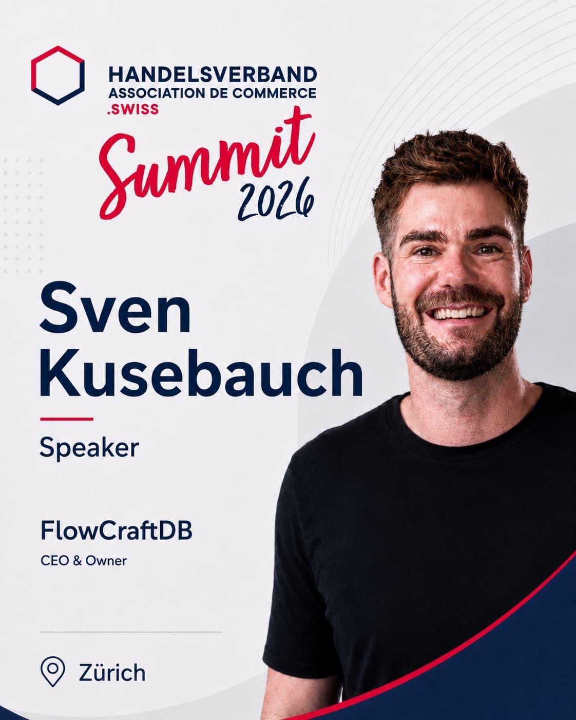 Speaker-Ankündigung des HANDELSVERBAND.swiss Summit 2026: Sven Kusebauch, CEO & Owner von FlowCraftDB, Zürich